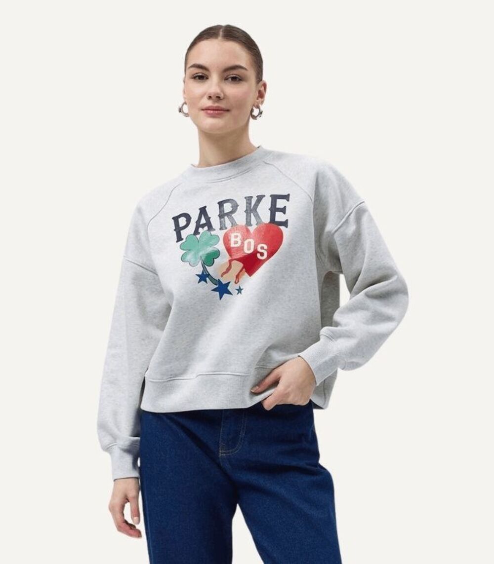 Parke Gray Boston Graphic Mock Neck Varsity Pullover Sweatshirt Womens Size L/XL